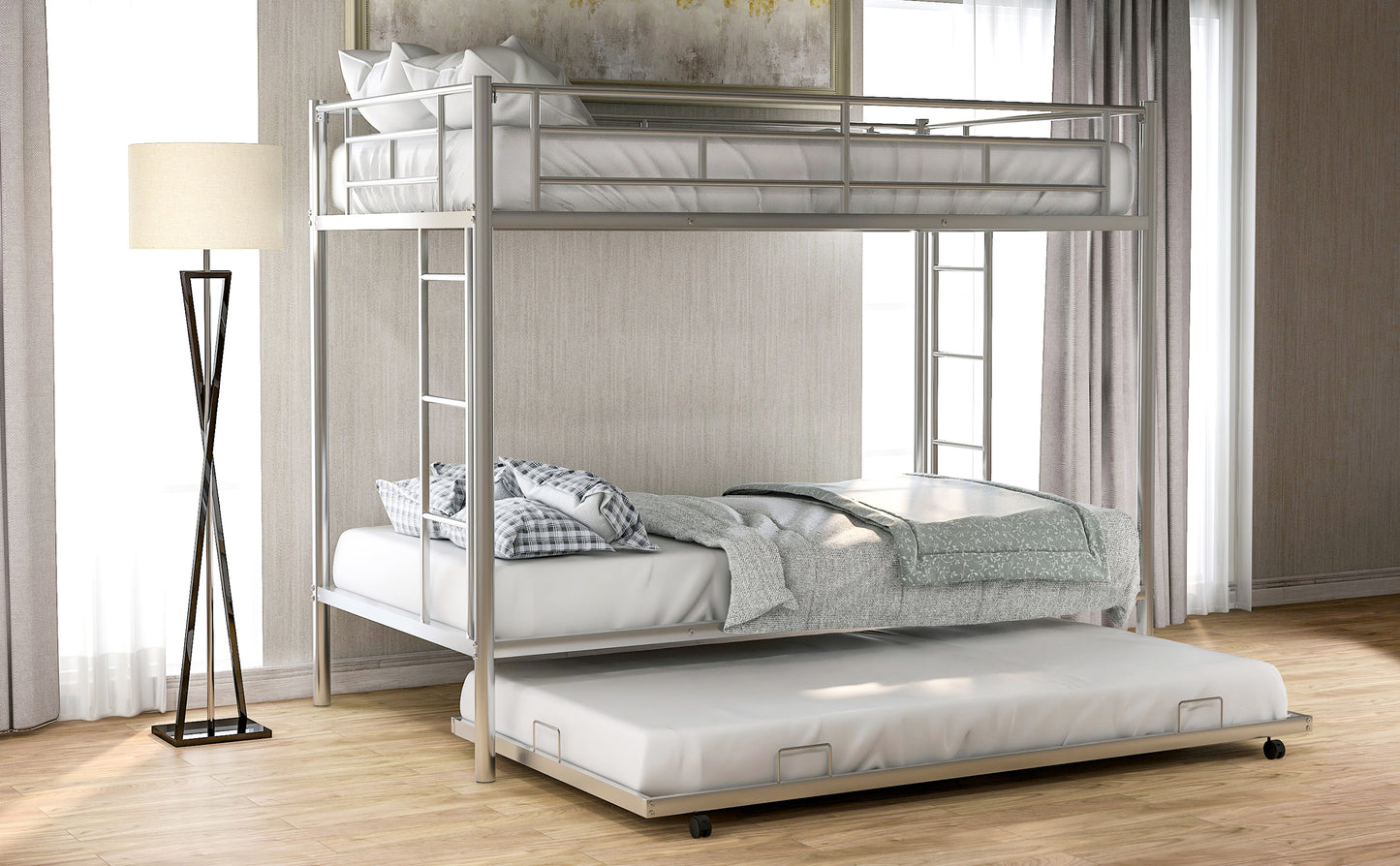 Silver metal twin over twin bunk bed with pullout trundle
