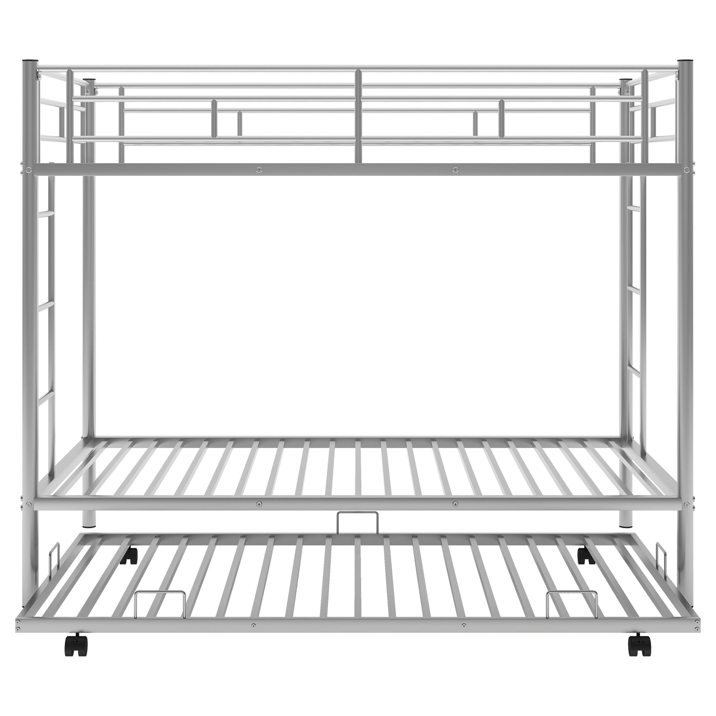 Silver metal twin bunk bed with rolling trundle