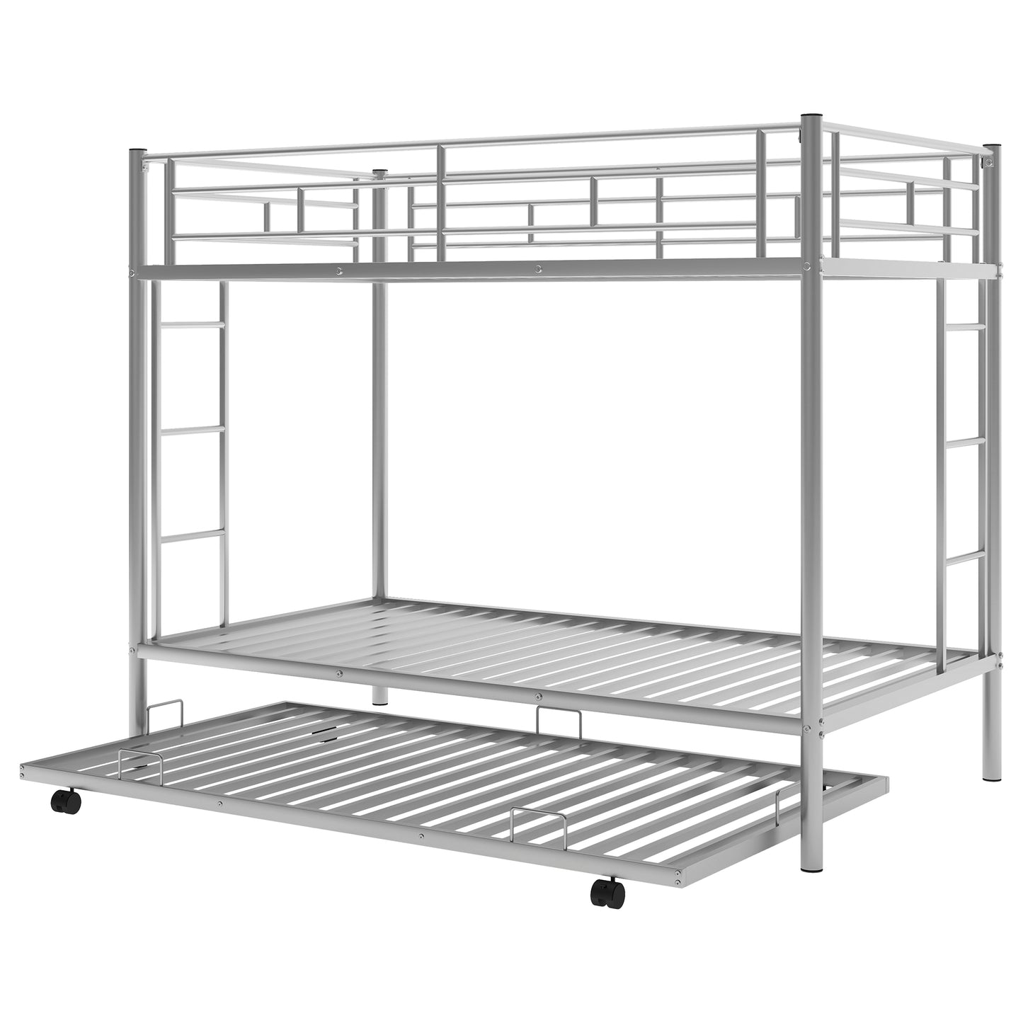 Silver metal twin over twin bunk bed with pullout trundle
