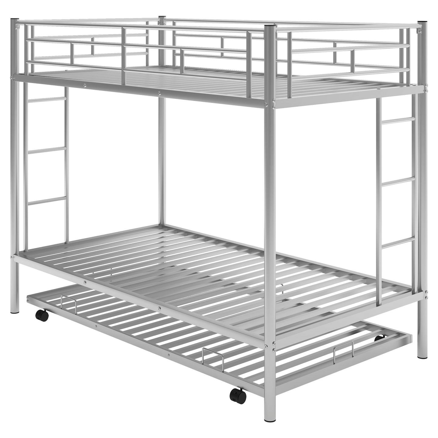 Silver metal twin over twin bunk bed with pullout trundle