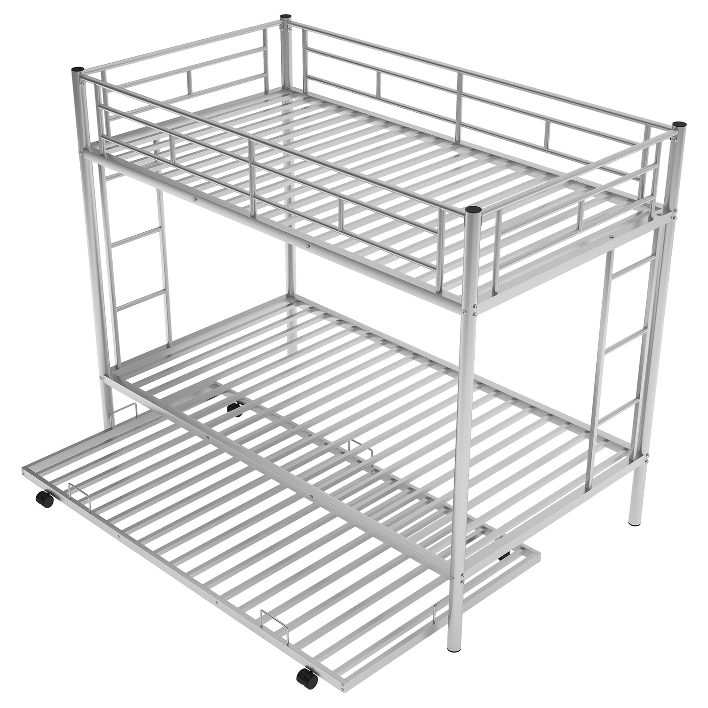 Silver metal triple bunk bed frame with pullout trundle bed