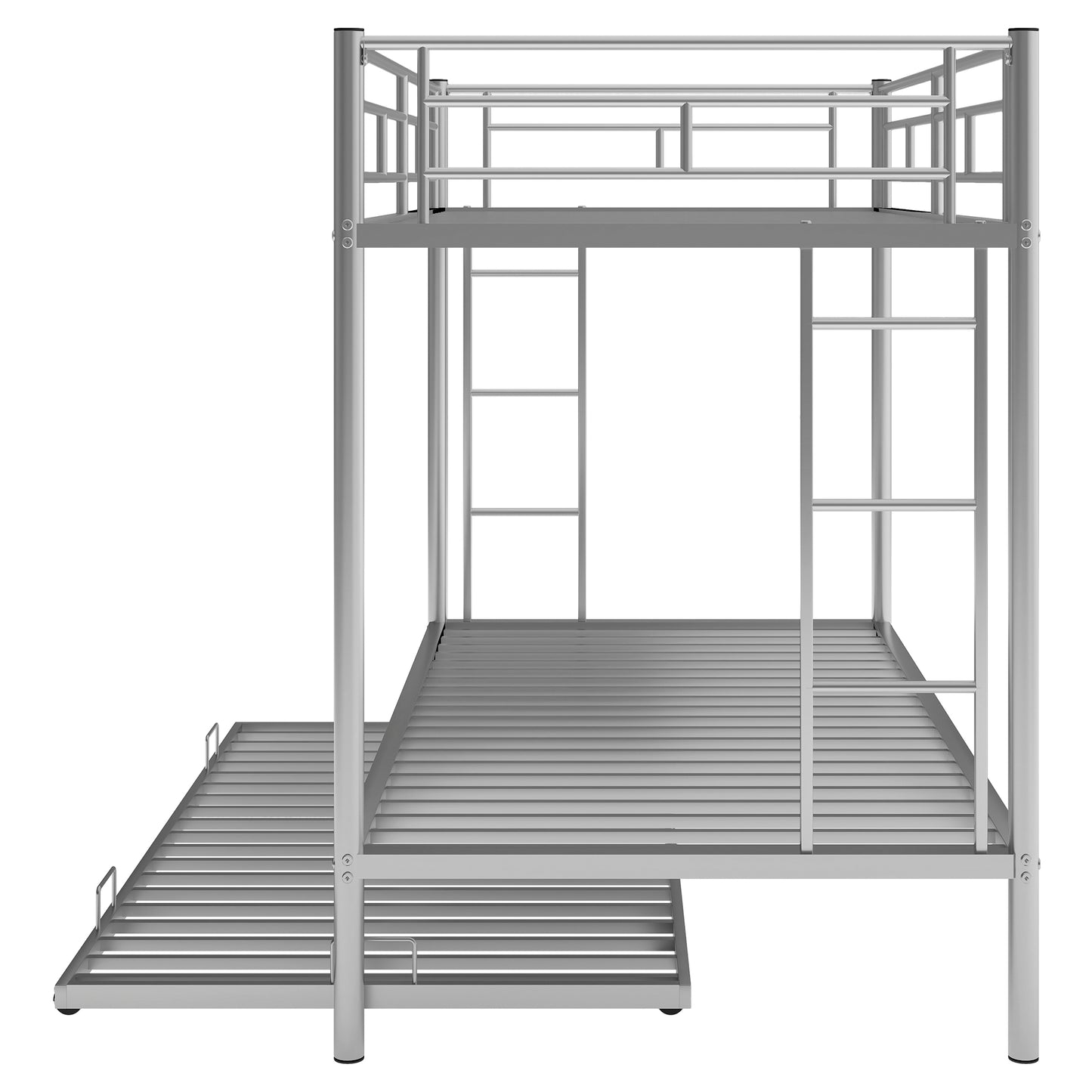 Silver metal triple bunk bed with integrated ladders and rollout trundle