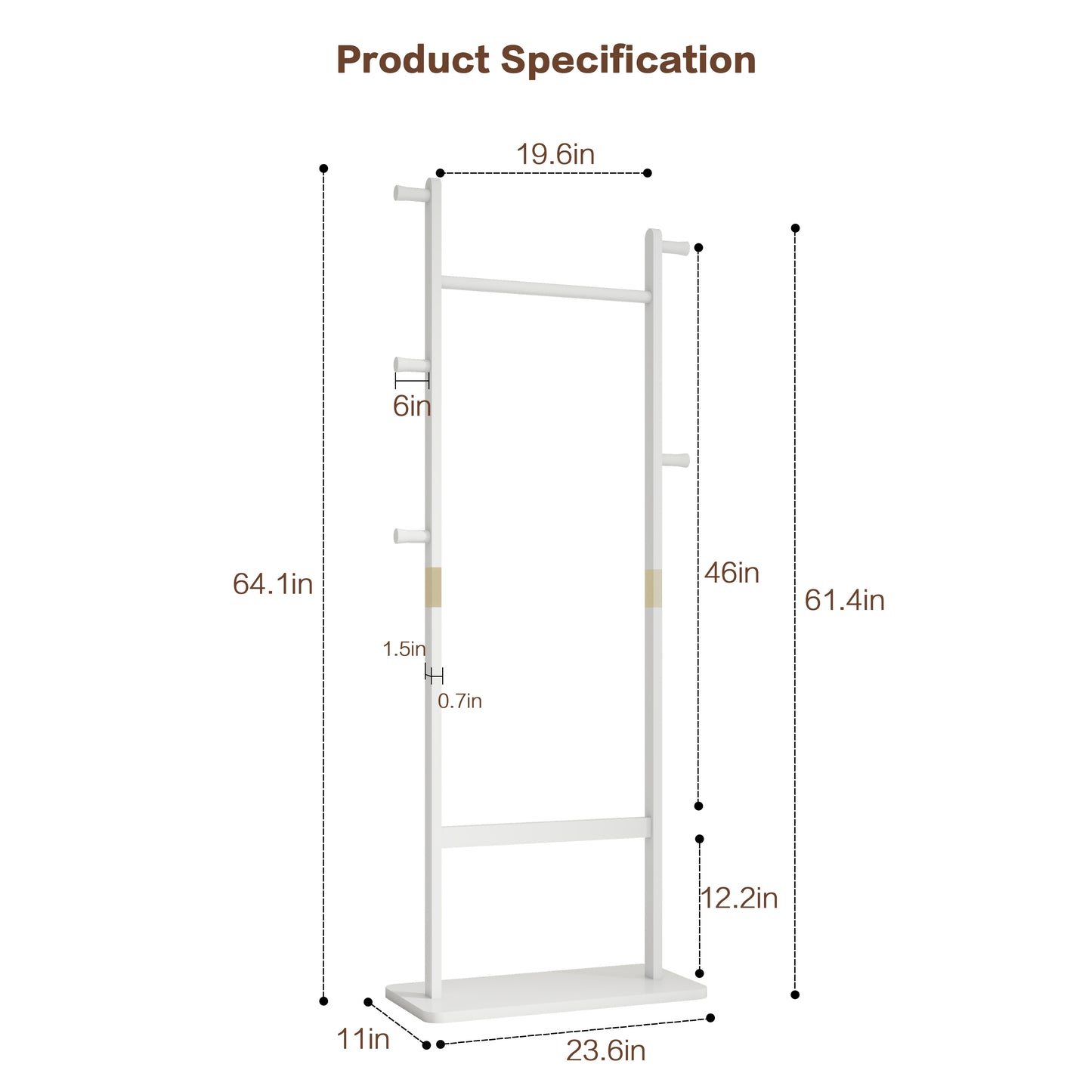 White modern garment rack with multiple hooks and a hanging rail