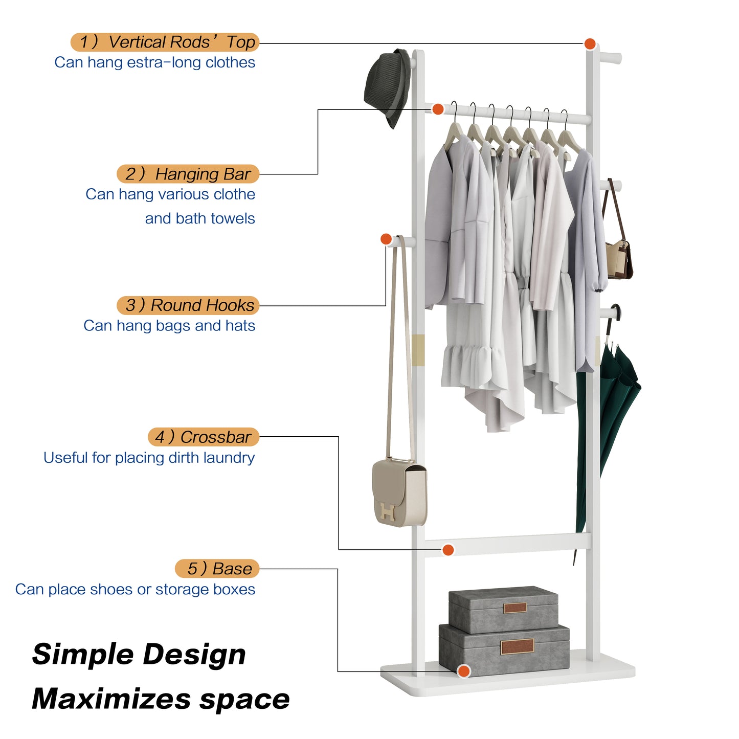 White metal garment rack with clothes hat bags umbrella and storage boxes