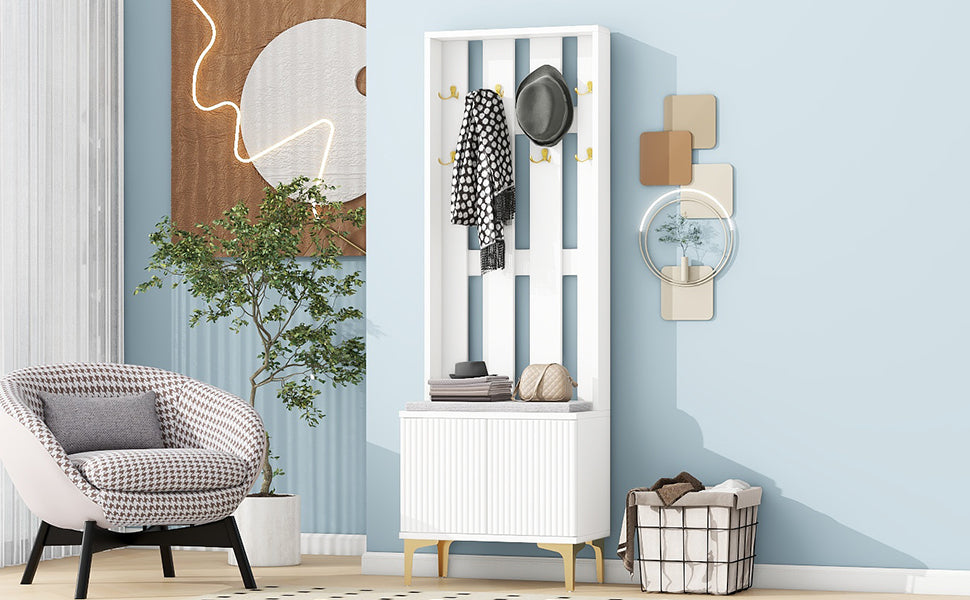 White entryway coat rack with hat and scarf display