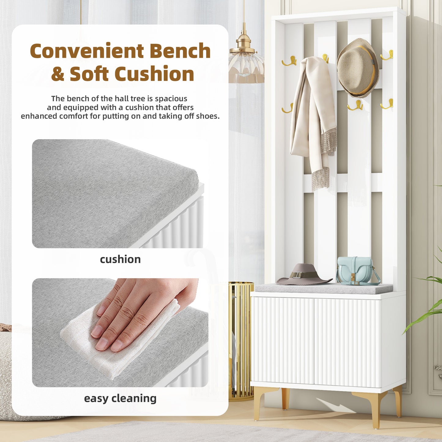 White hall tree with storage bench and gold hooks