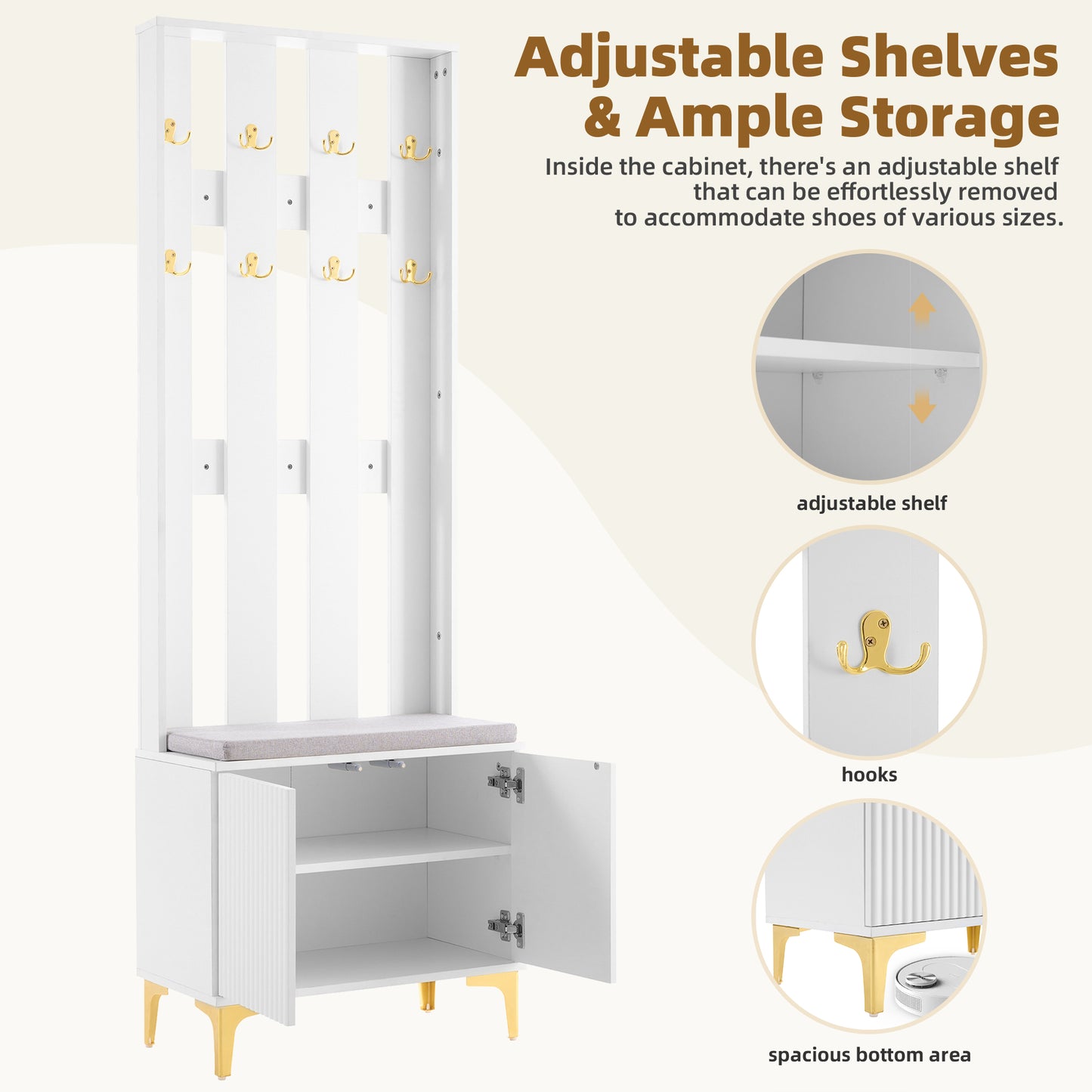 White entryway bench with coat hooks and storage cabinet