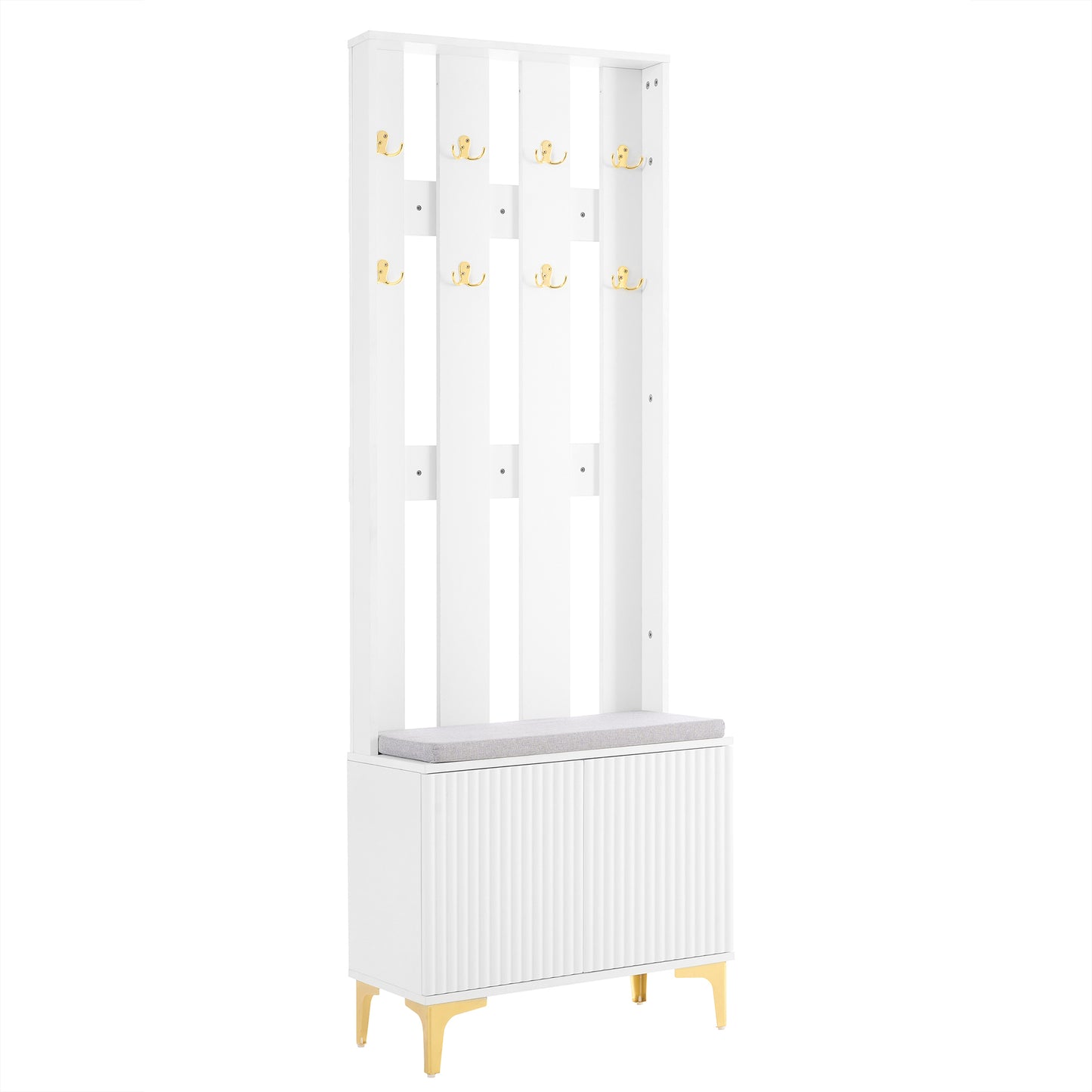 White entryway bench with coat hooks and fluted cabinet doors