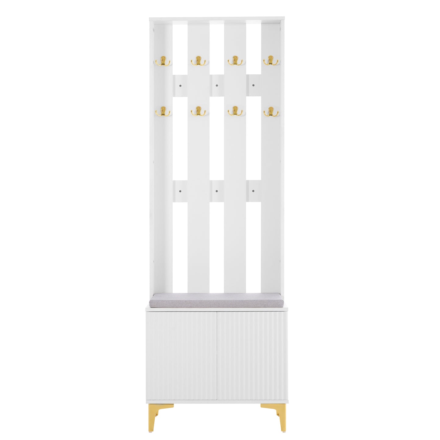 White entryway bench with coat rack and storage cabinet