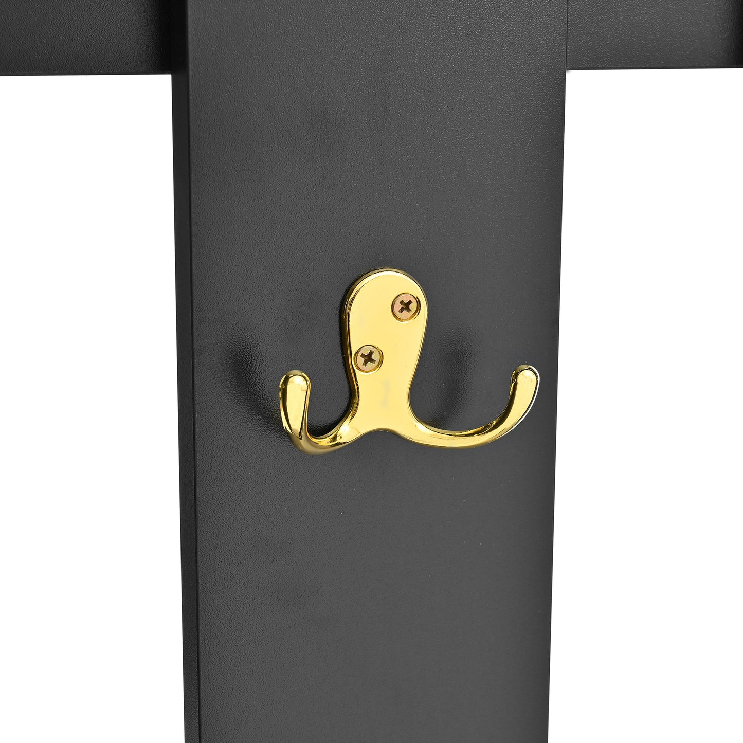 Black coat rack with a polished gold double hook
