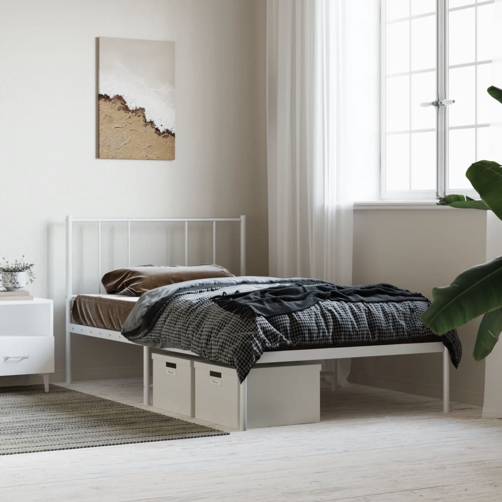 White metal twin bed frame with minimalist headboard
