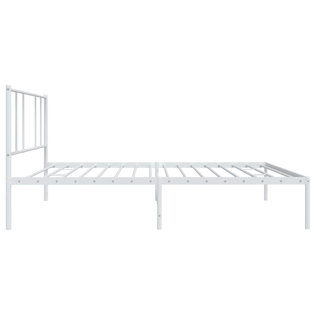 White metal twin bed frame with slatted base and minimalist headboard