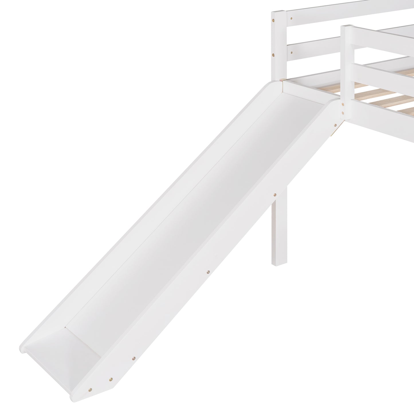 White wooden loft bed slide attachment