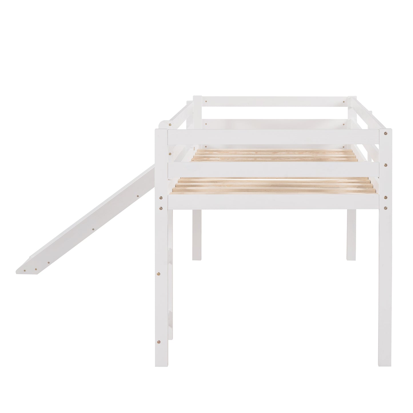 White wooden loft bed frame with attached slide for kids rooms