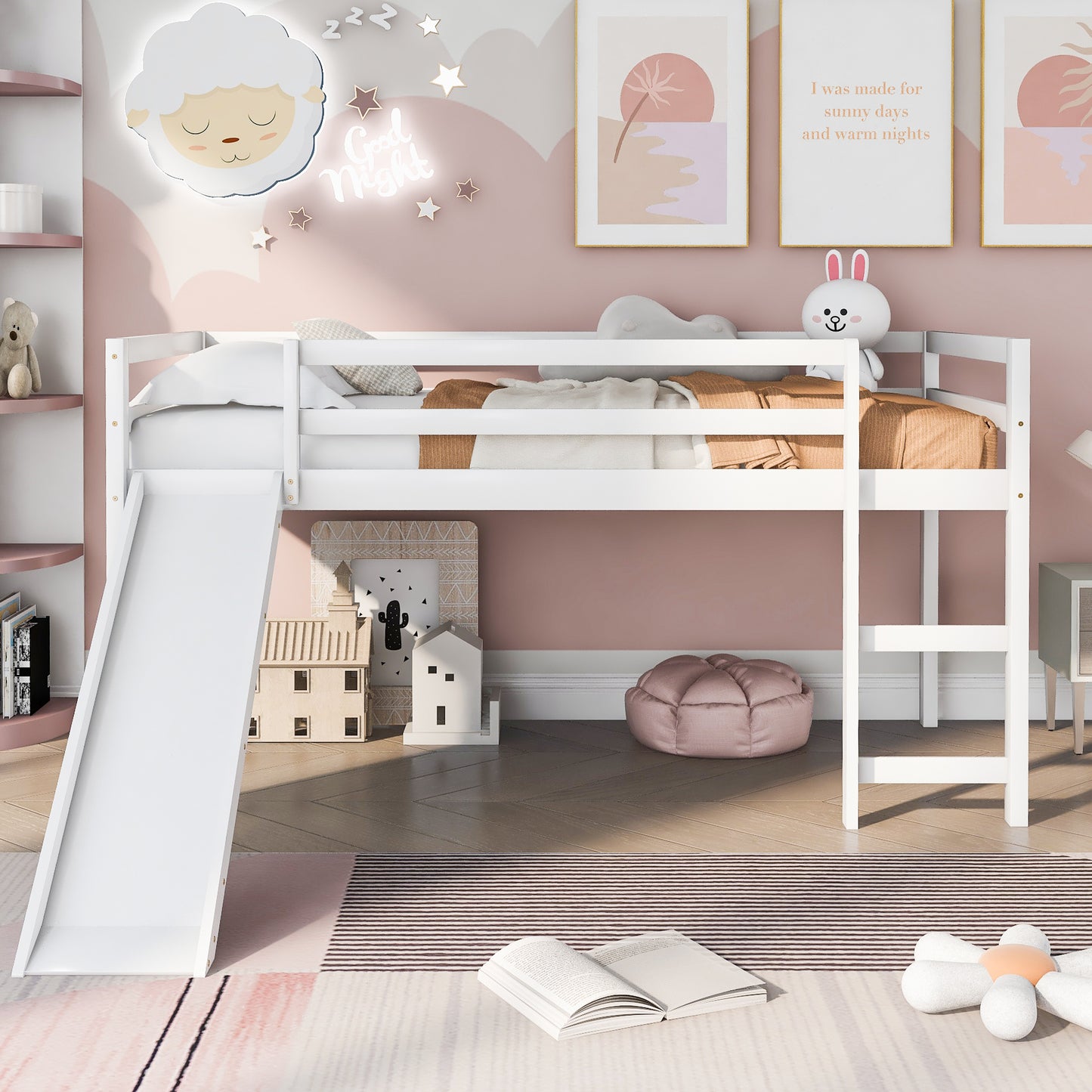 White wooden loft bed with slide perfect for kids bedrooms