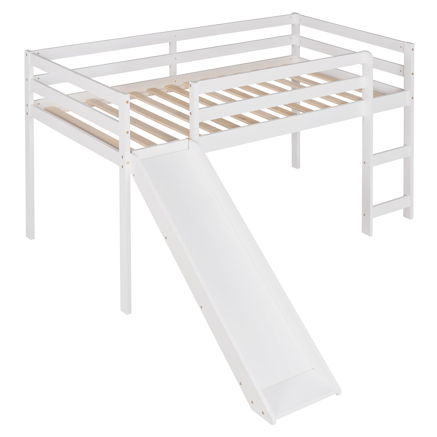 White loft bed with slide and ladder