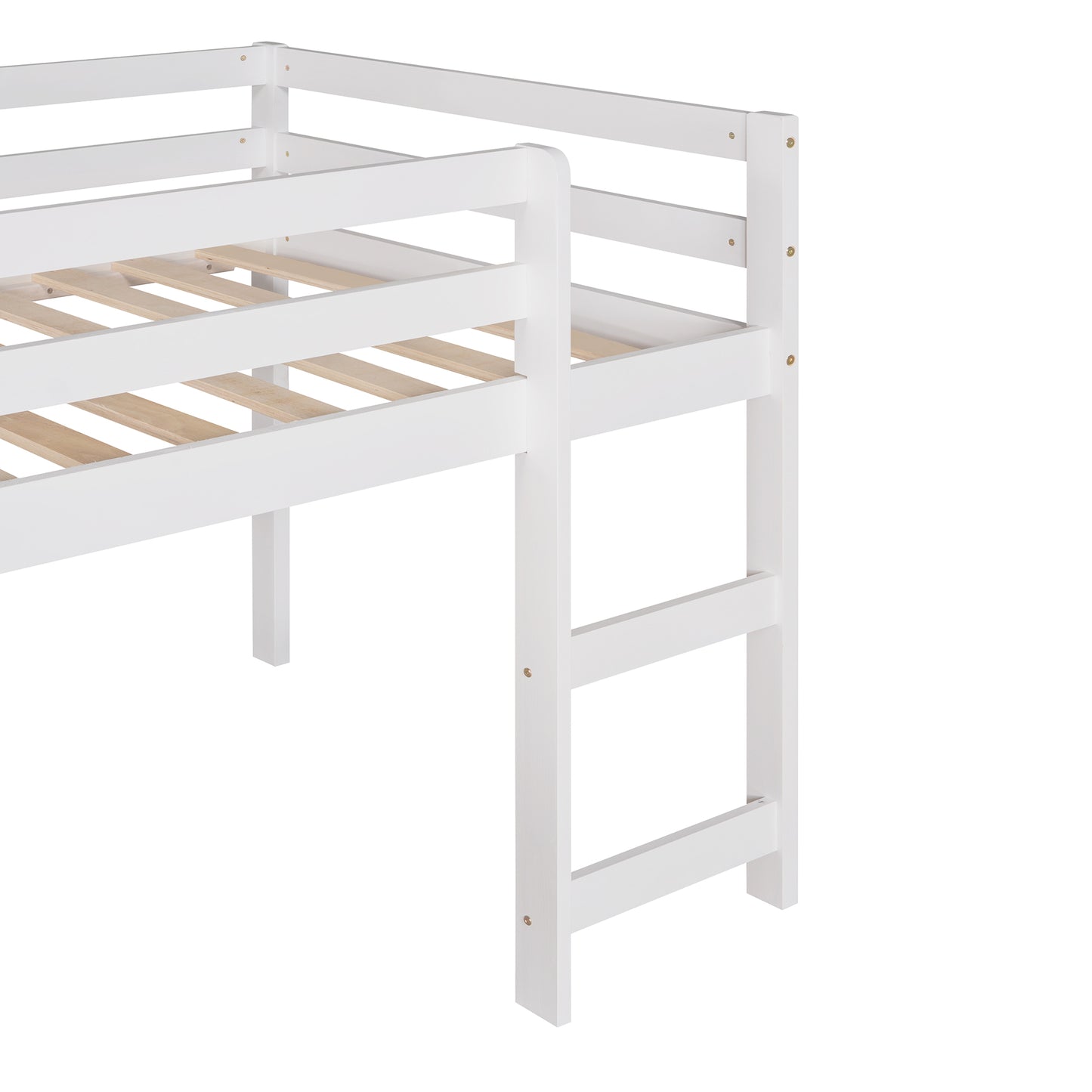 White wooden loft bed frame detail