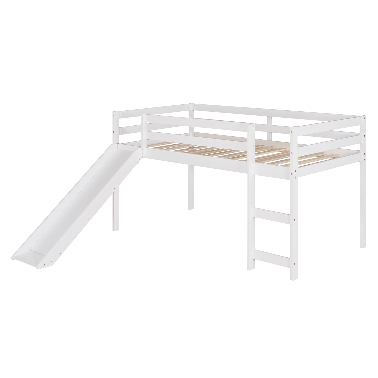 White wooden loft bed with slide and ladder for kids