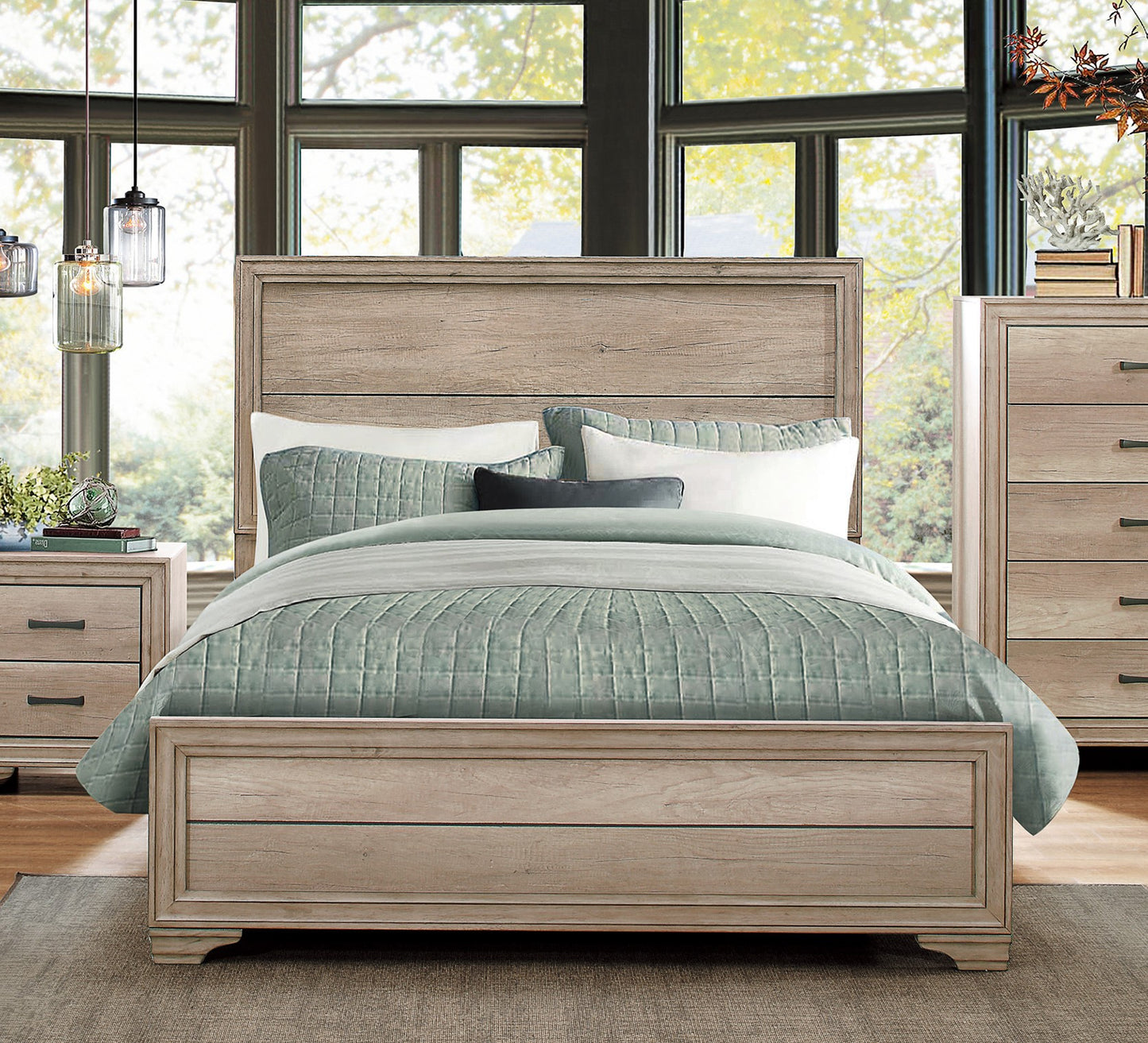 Rustic light wood king bed frame with plush quilted bedding