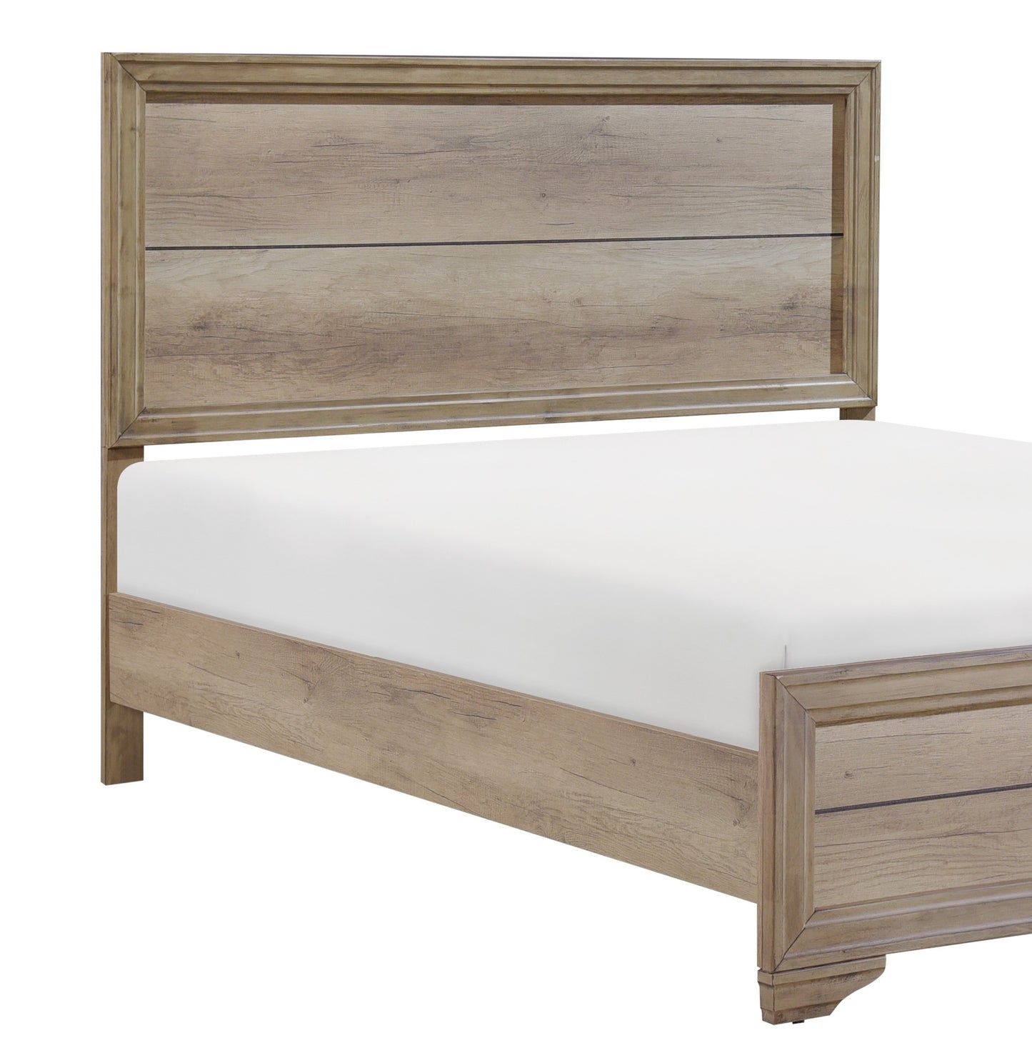 Rustic wood king bed frame with detailed headboard