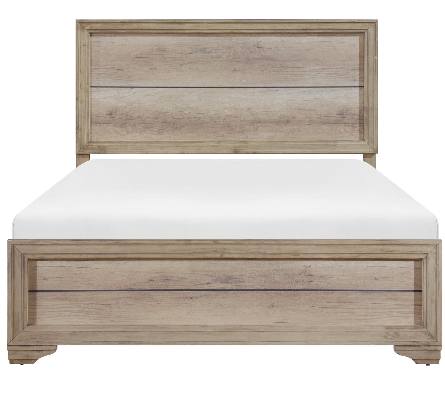 Rustic oak wood king bed frame with horizontal plank headboard and footboard