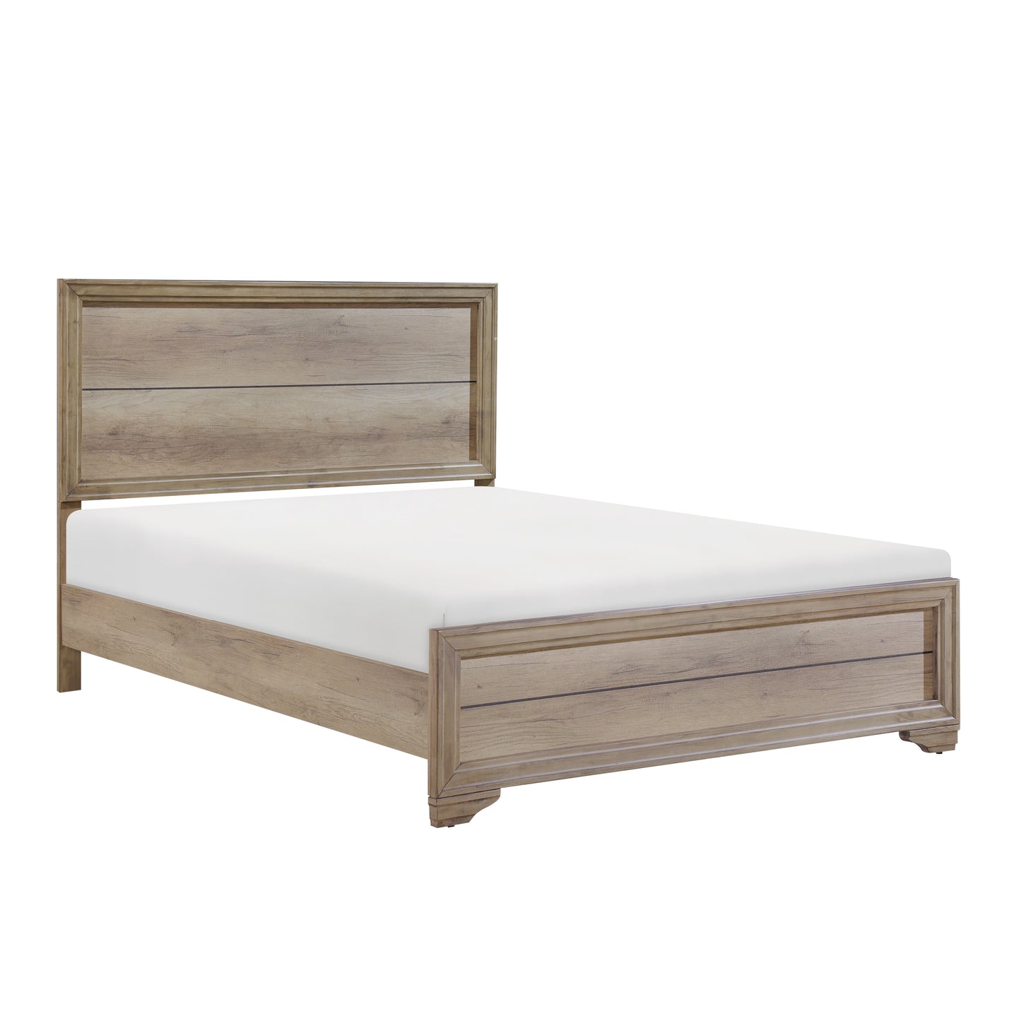 Rustic oak wood queen bed frame with white mattress