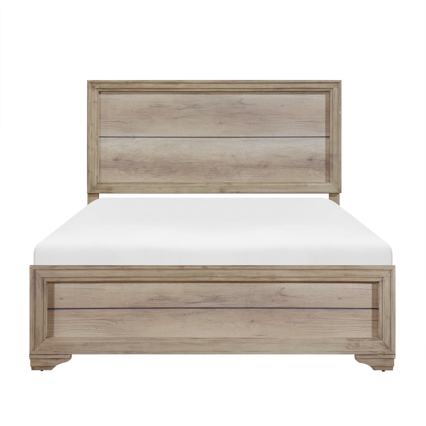 Farmhouse wood bed frame with white mattress