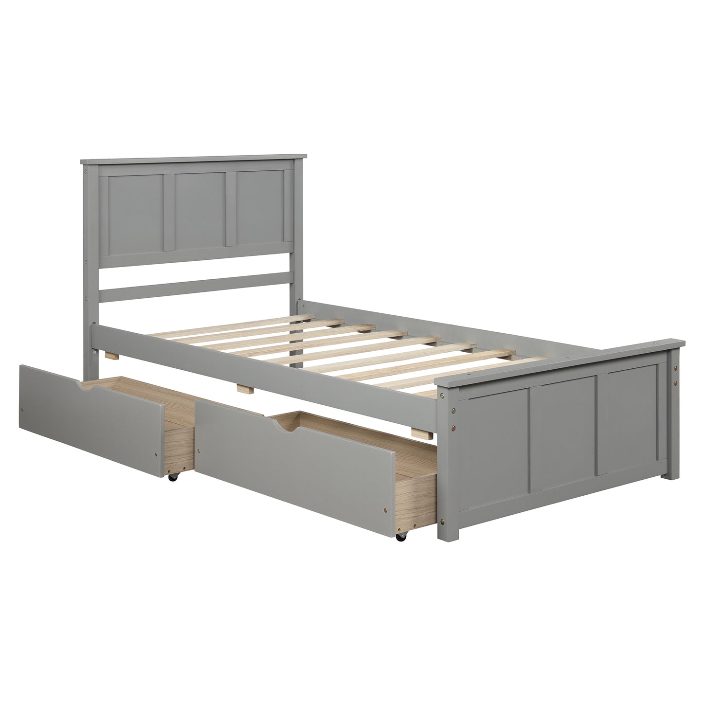 Gray twin bed frame with two pullout storage drawers