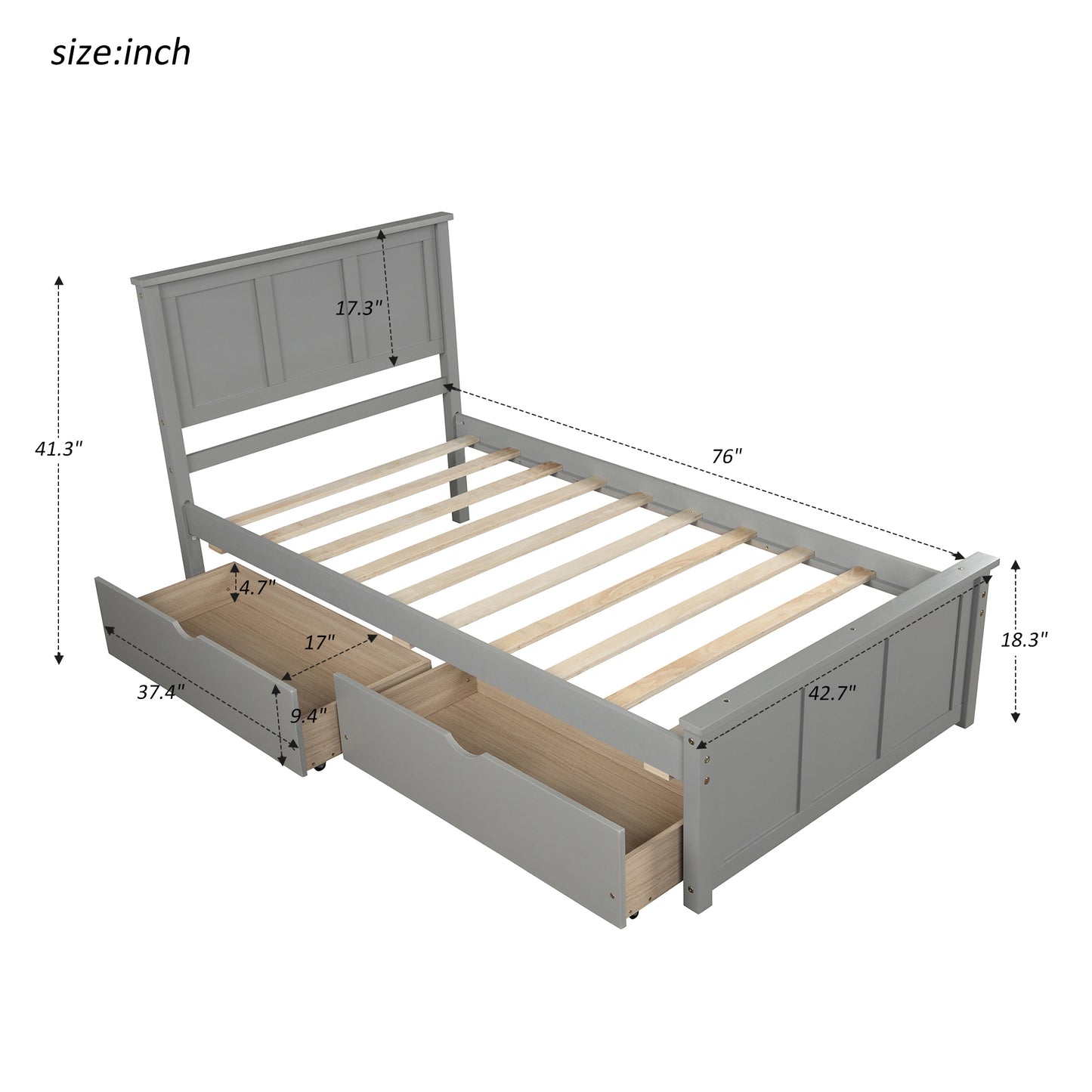 Gray wooden platform bed frame with drawers