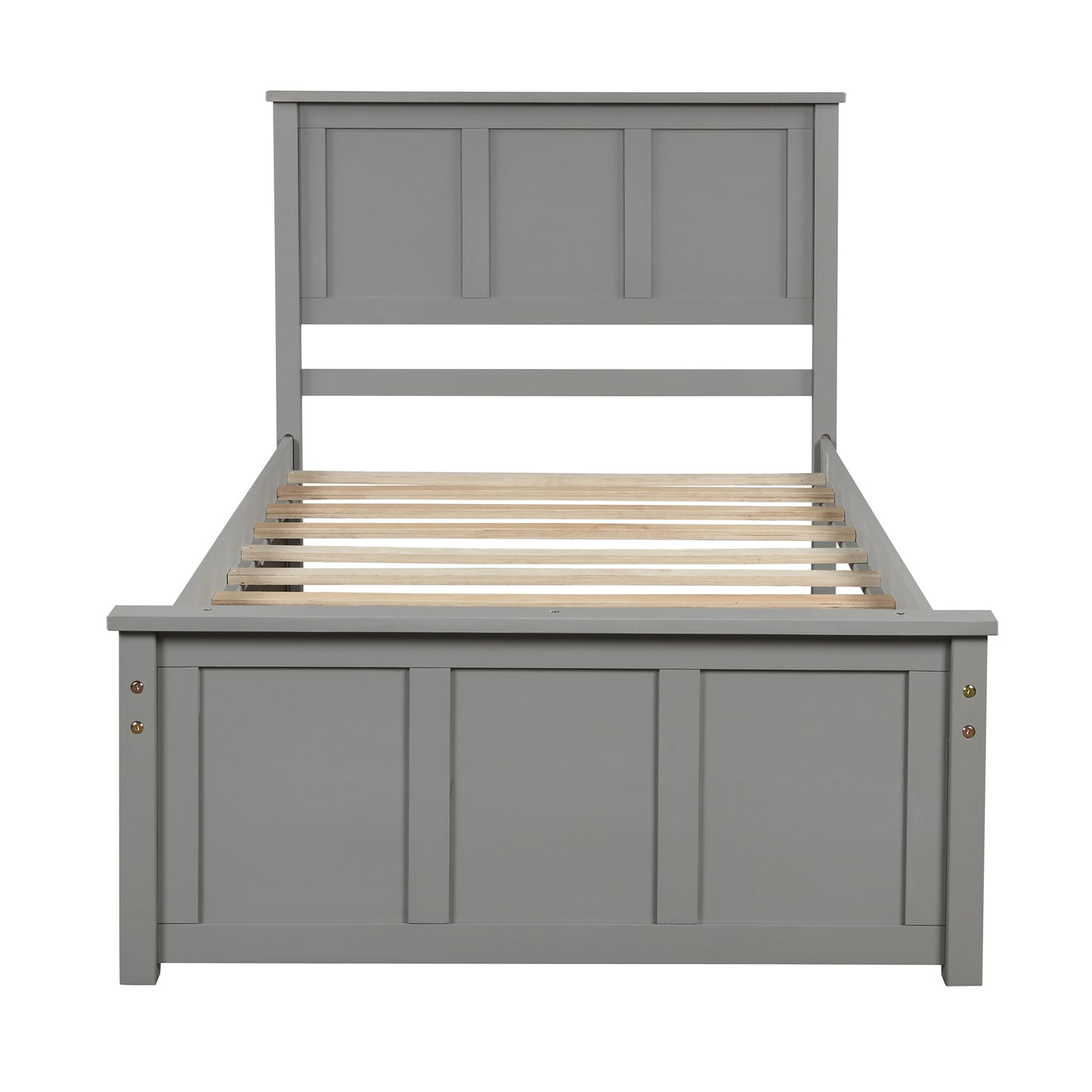Grey wooden twin bed frame with panel headboard and footboard