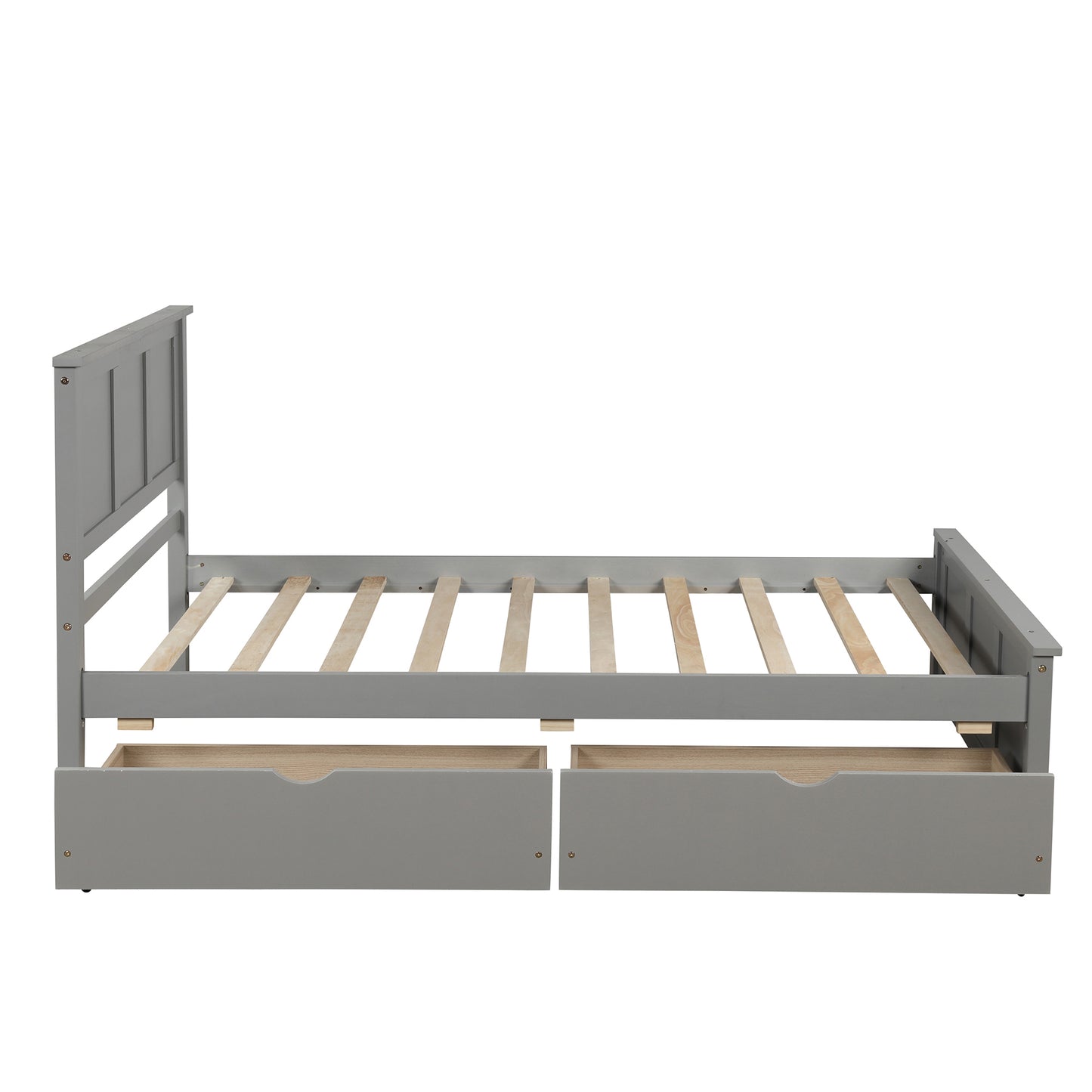 Gray wooden twin bed frame with headboard and two underbed storage drawers