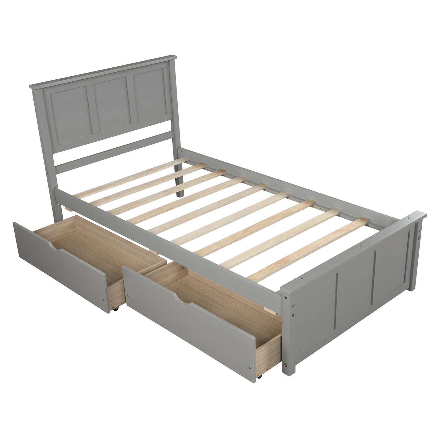 Gray wooden daybed with two pullout storage drawers