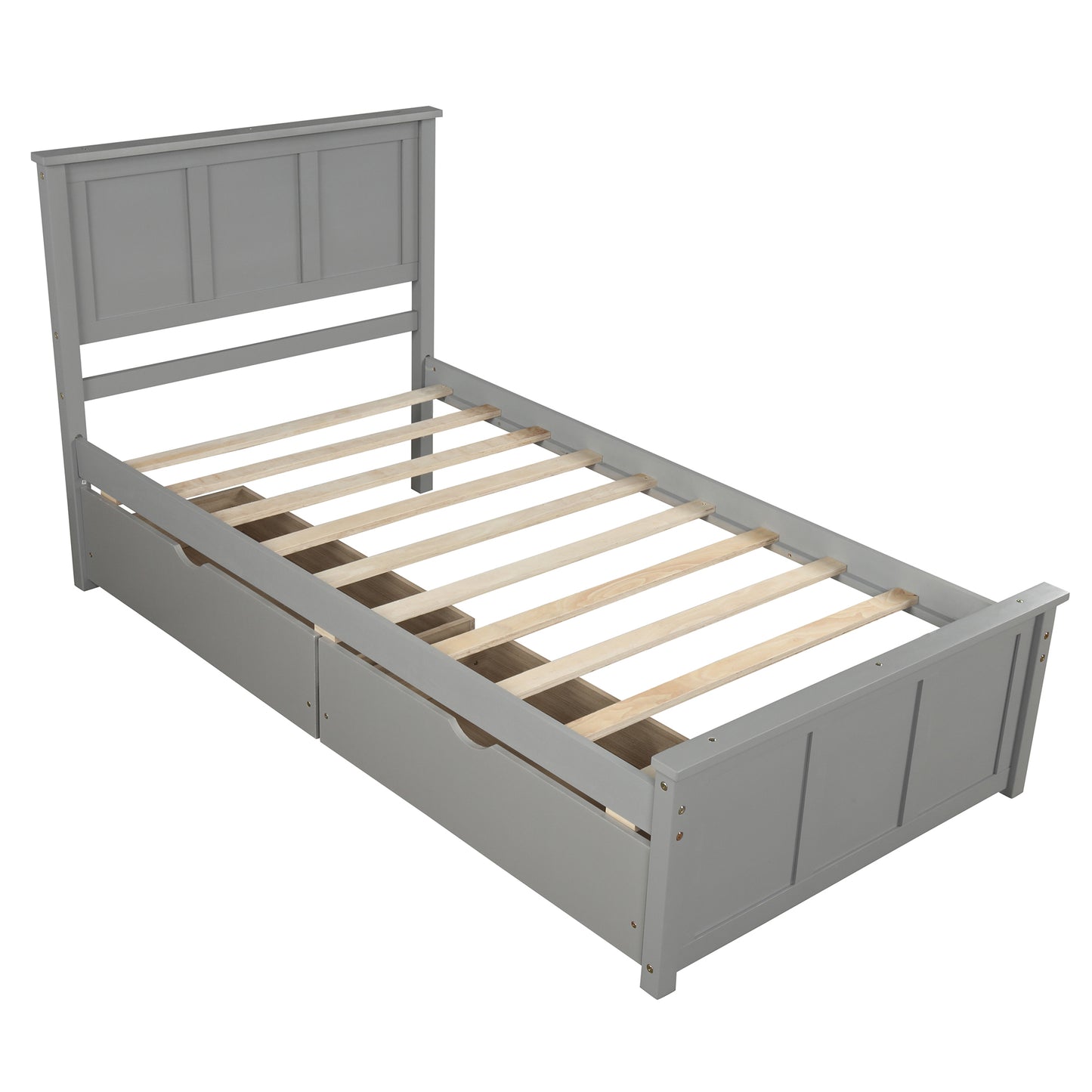 Gray twin bed frame with headboard and two underbed storage drawers