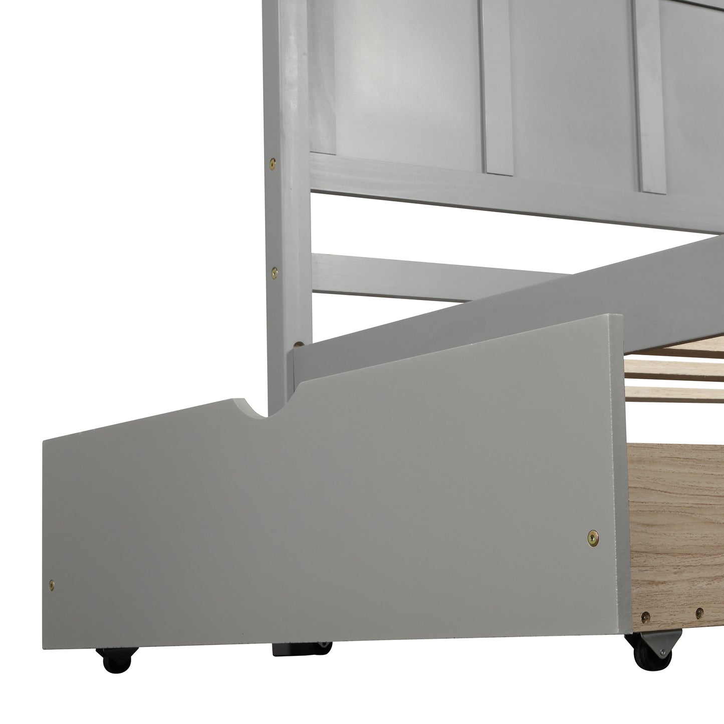 Gray wooden daybed with rolling trundle