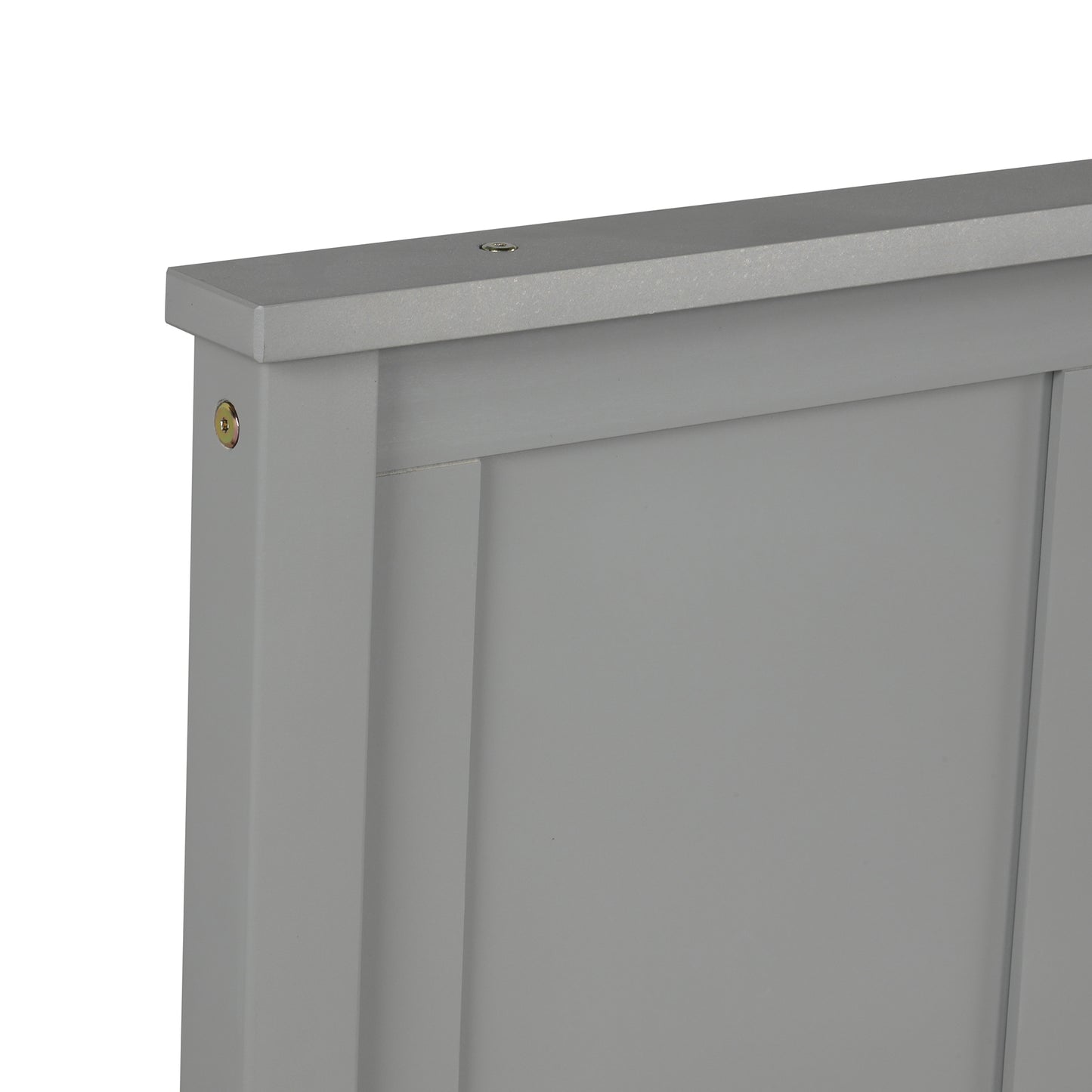 Gray wooden bed frame detail with visible hardware