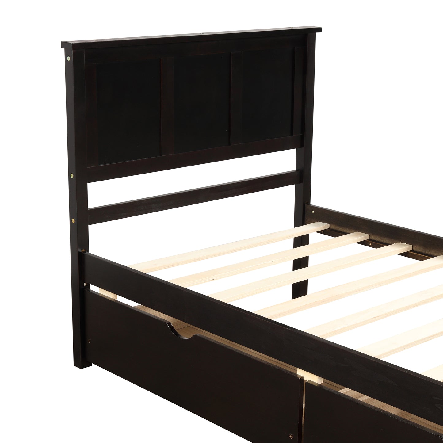 Dark brown wooden platform bed frame with integrated drawers and slatted base