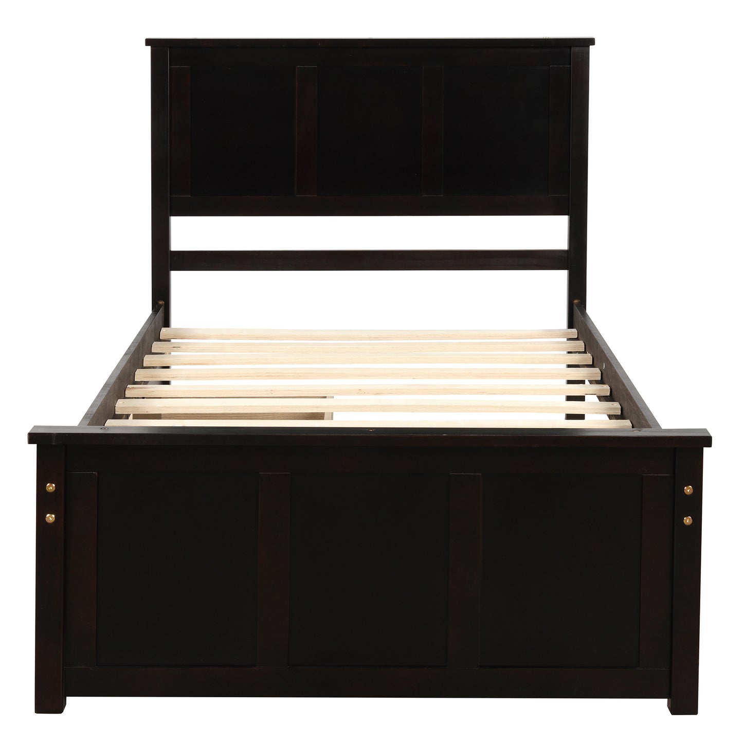 Dark wood queen bed frame with slatted platform and paneled headboard
