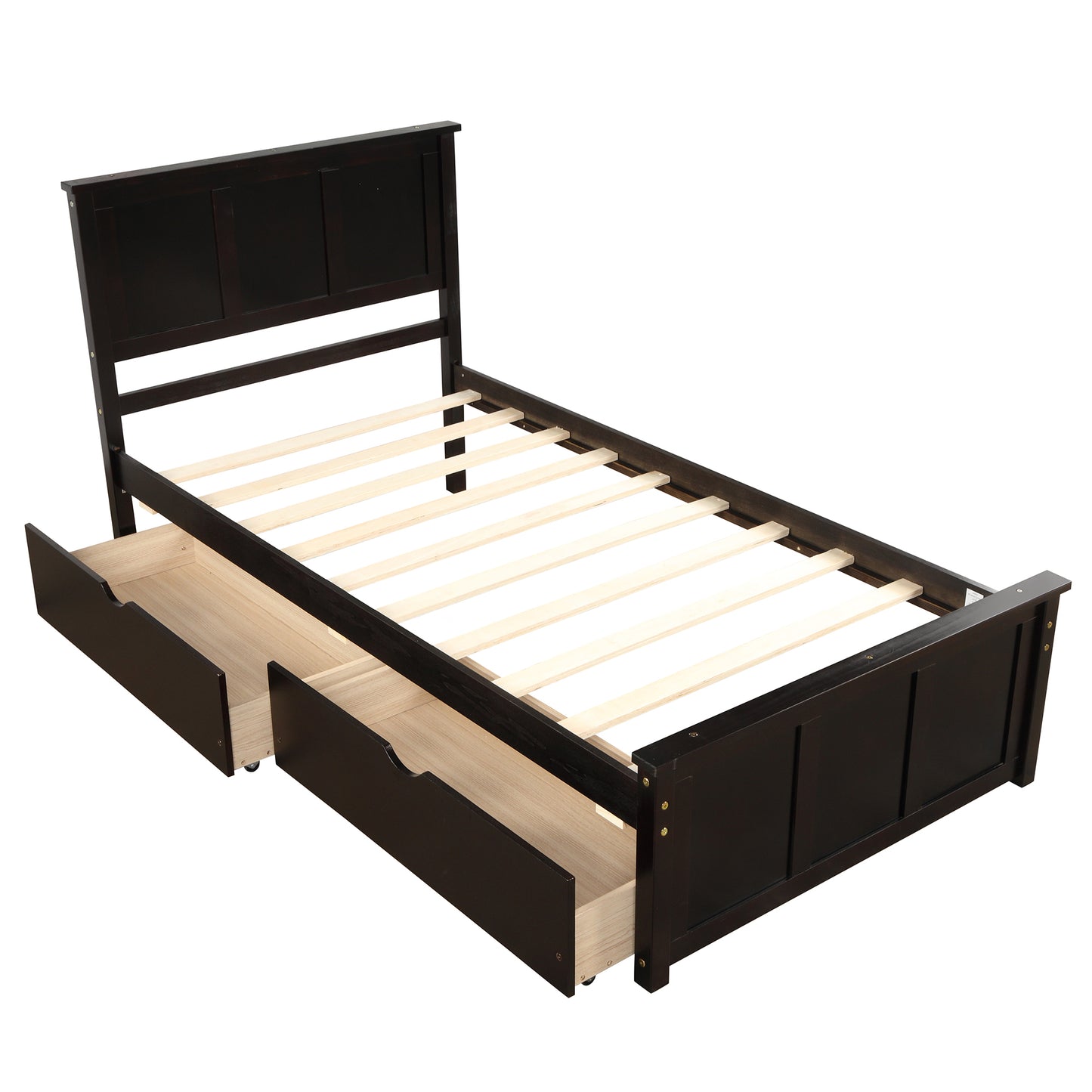 Dark brown wooden twin bed frame with three drawers underneath and a slatted base