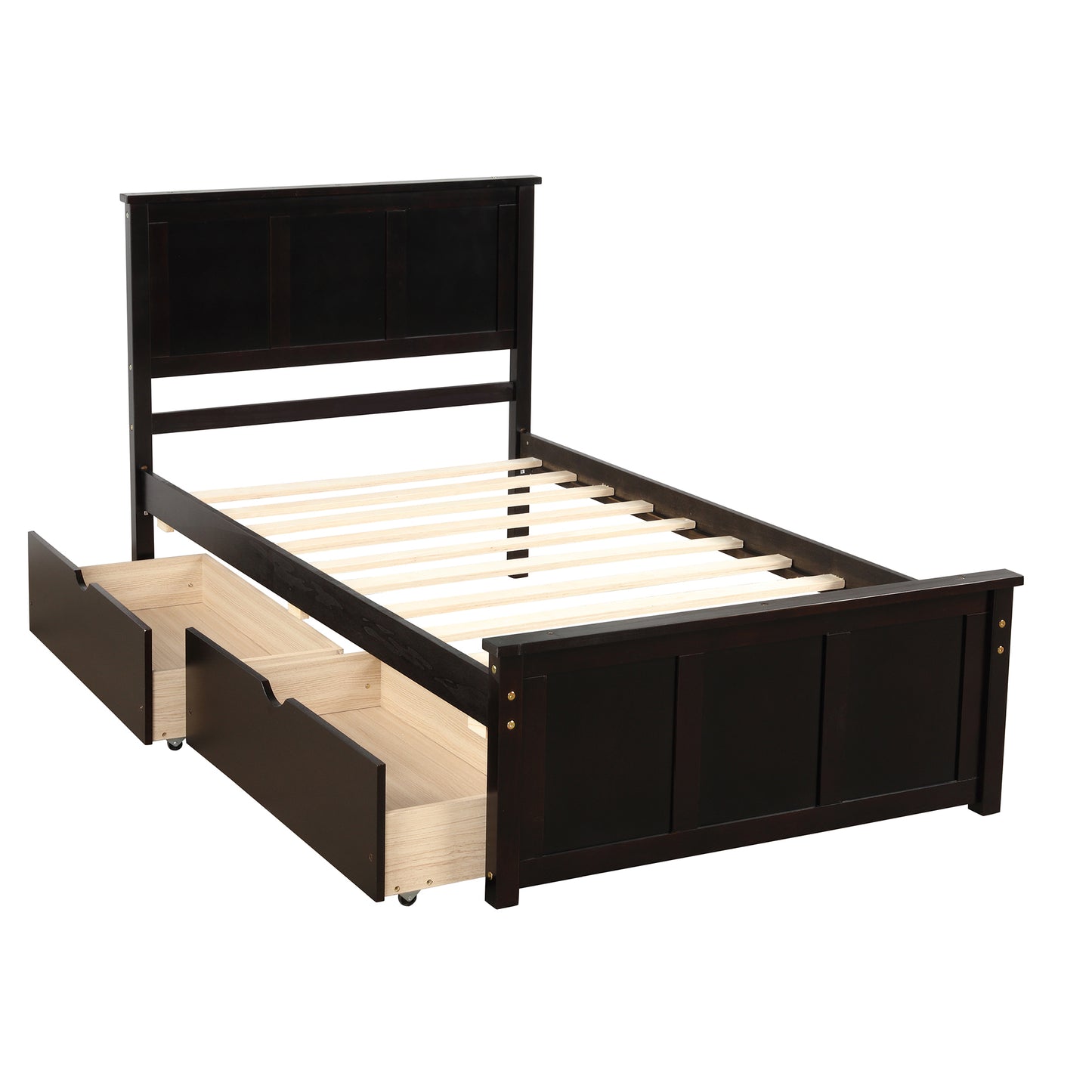 Dark brown wooden twin bed frame with three storage drawers