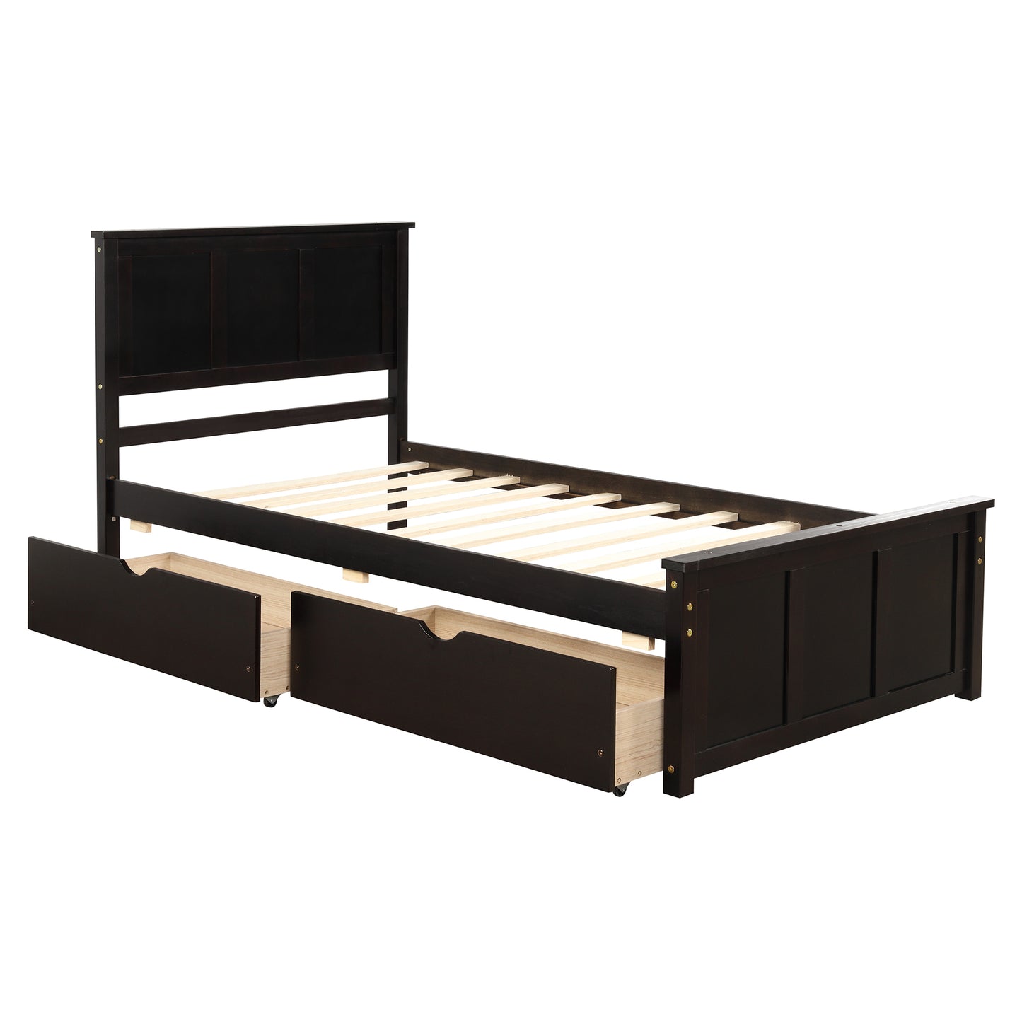 Dark brown twin bed frame with two pullout drawers