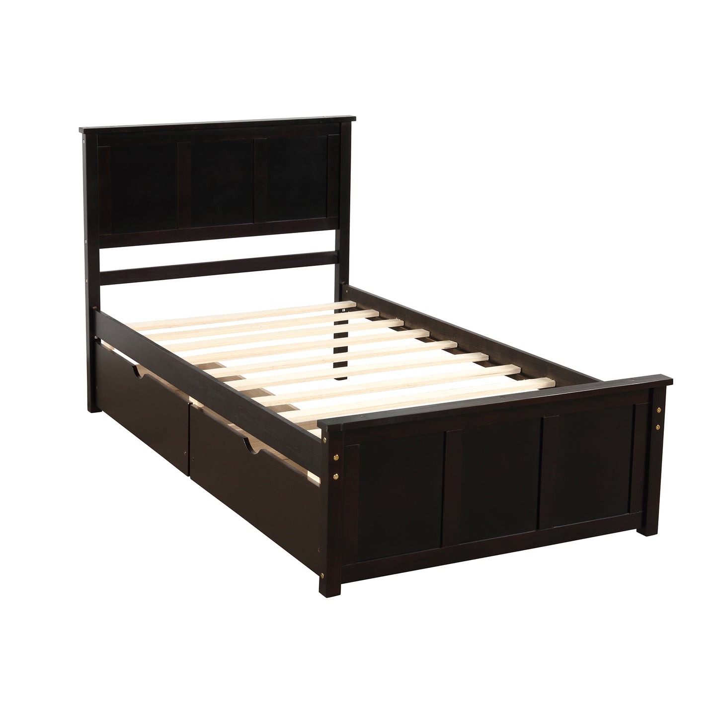 Dark brown wooden twin bed frame with three builtin storage drawers