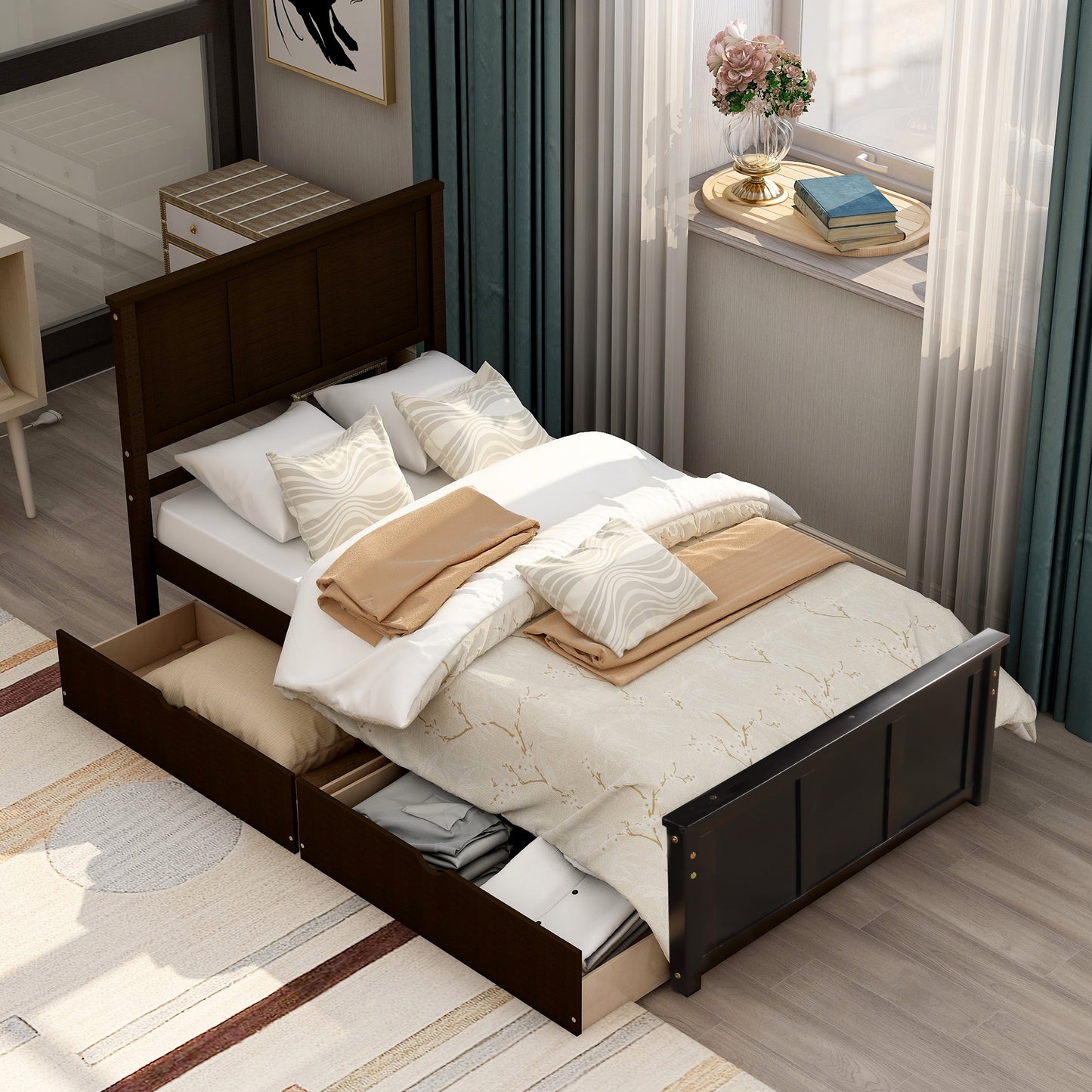 Dark wood twin bed frame with three drawers and white bedding