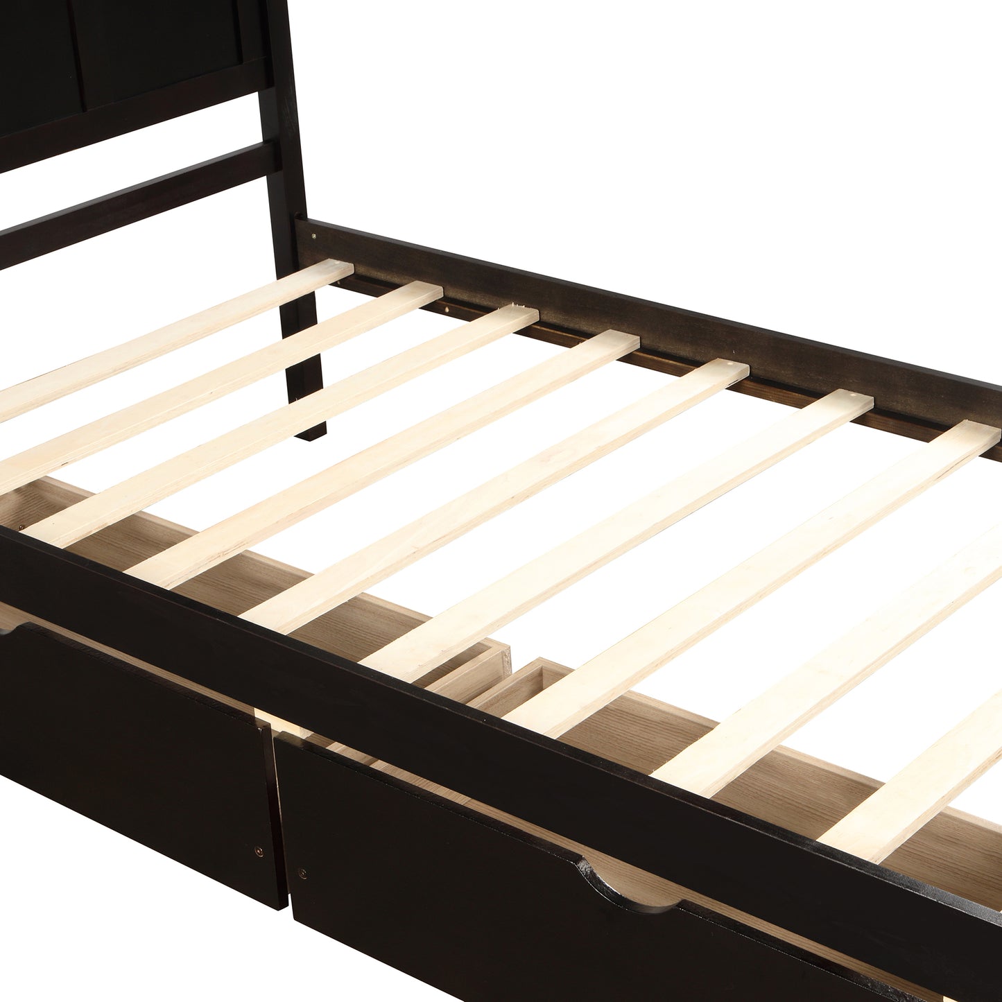 Dark brown wooden bed frame with integrated storage drawers and slatted support