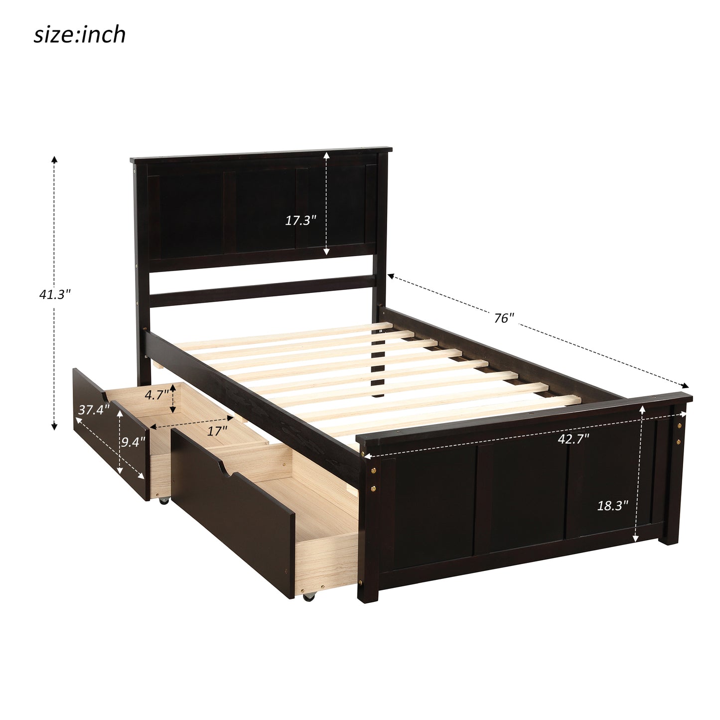 Dark brown wooden twin bed frame with three storage drawers