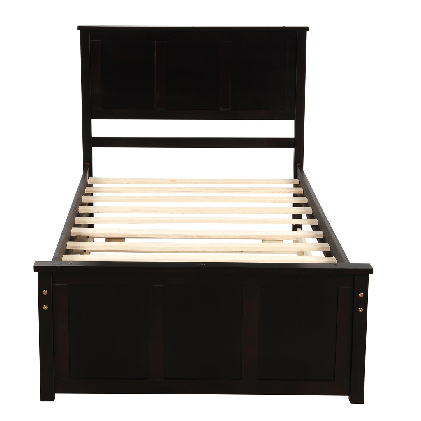 Dark brown wooden bed frame with slat support