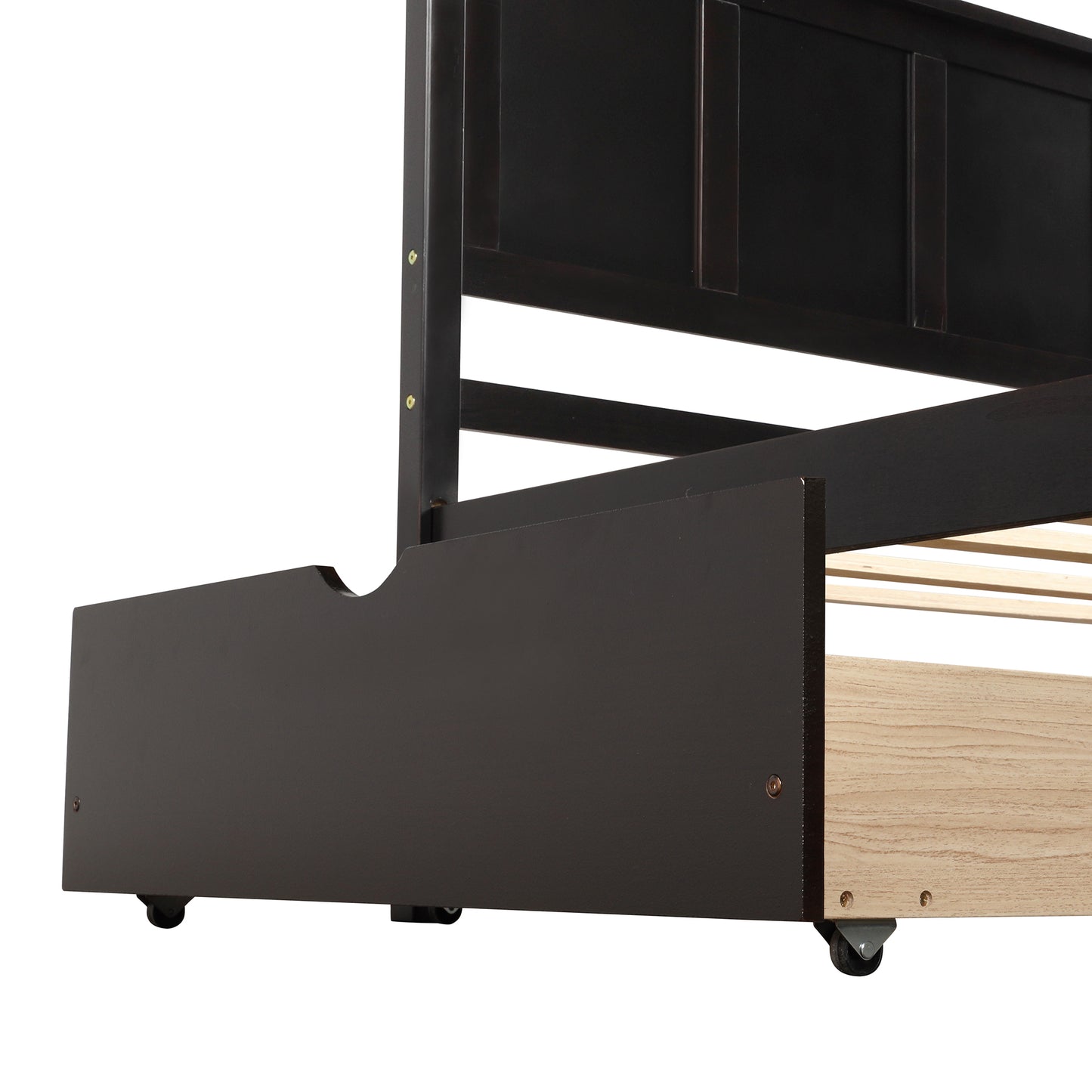 Dark espresso wood daybed frame with pullout trundle on casters