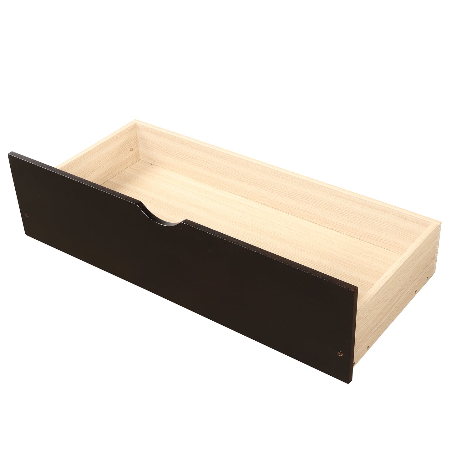 Dark brown open drawer with light wood interior