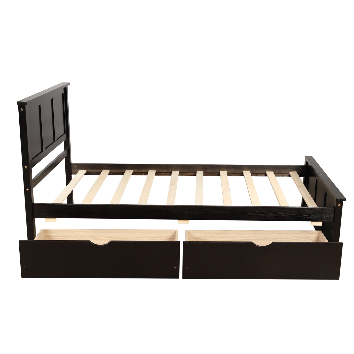 Dark brown wooden twin bed frame with two drawers