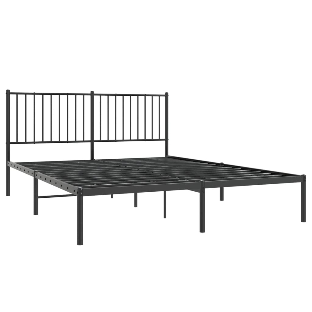 Black metal platform bed frame with minimalist vertical slat headboard