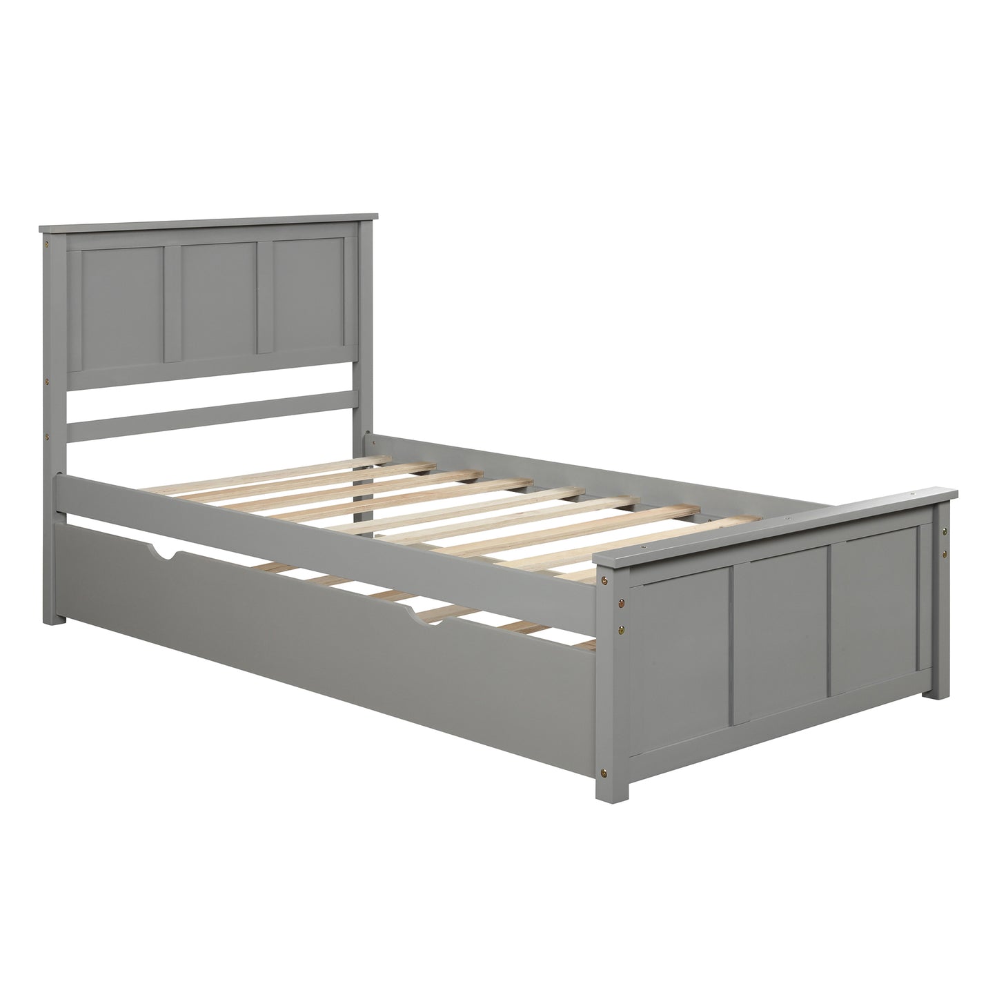 Gray wooden twin bed frame with slatted support